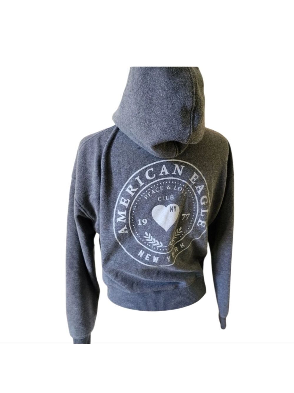 AMERICAN EAGLE LOVE and PEACE club 1977 Hooded sweater zip front grey cropped L